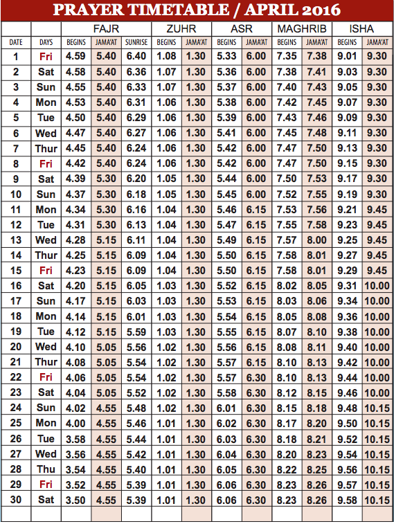 Camberley Mosque Prayer Timetable