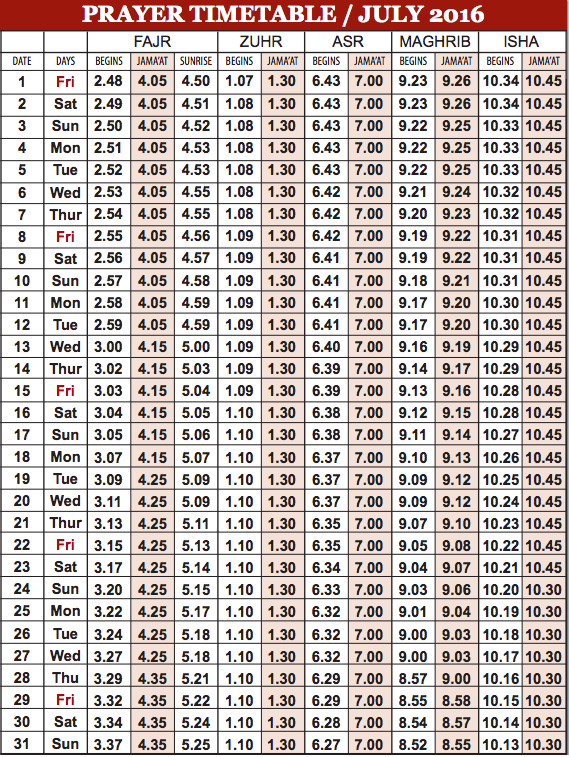 Camberley Mosque Prayer Timetable