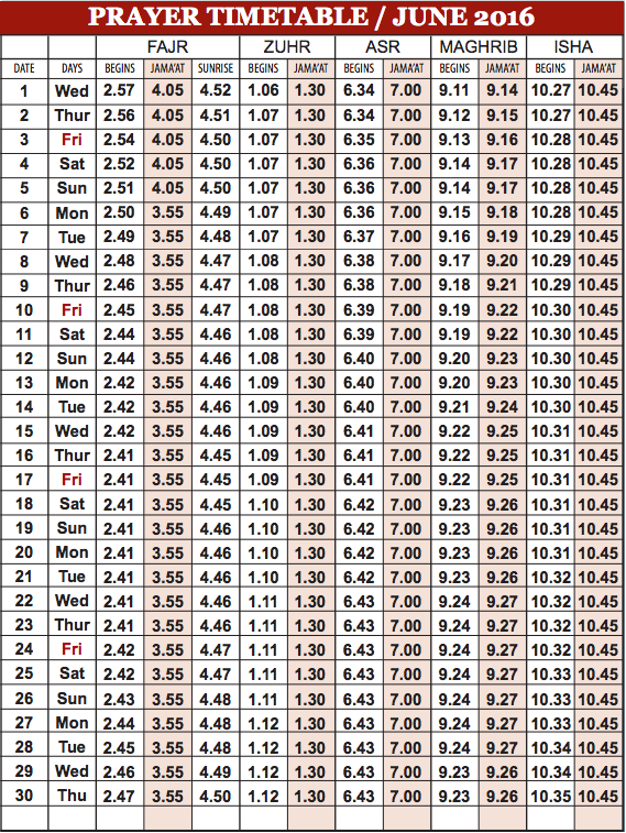 Camberley Mosque Prayer Timetable