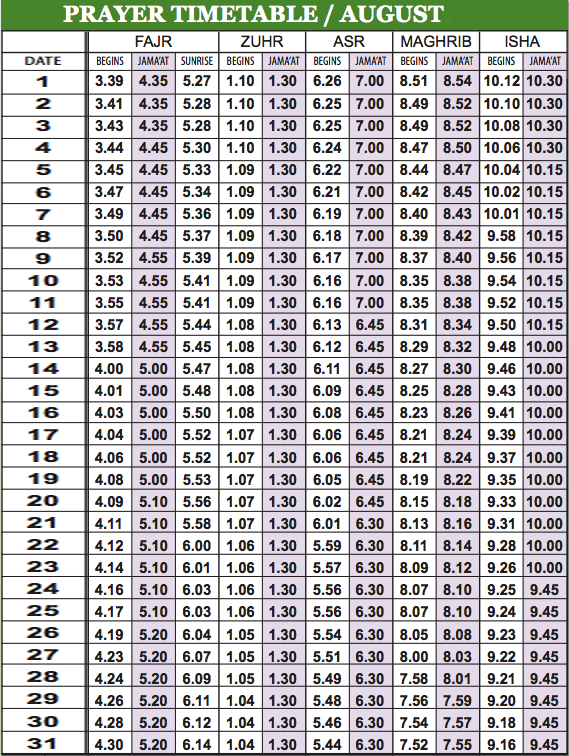 Camberley Mosque Prayer  Timetable